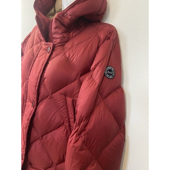 Abercrombie Fitch Down Quilted Jacket Medium Burgundy Womens Hooded Long Button - Picture 6 of 16